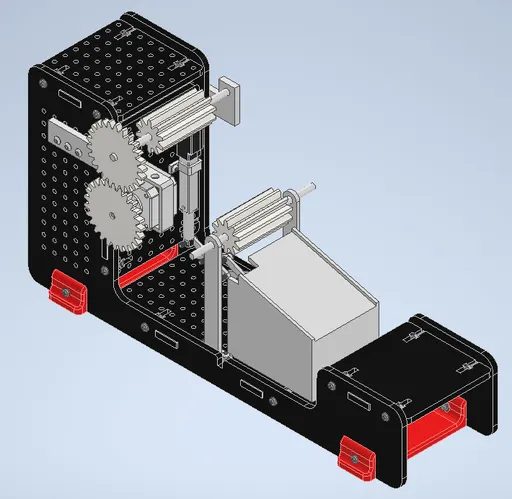 CAD model of the baggage handling assembly: a black perforated frame with gears, a conveyor, a linear actuator and two red-edged platforms.