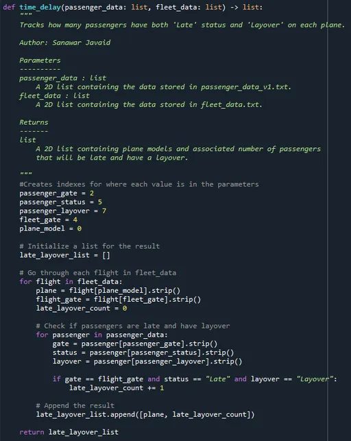 A Python function named time delay, documented with parameters and returns, looping through flight and passenger data to count late passengers with layovers.