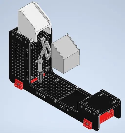 My individual CAD concept, a scissor lift ramp driven by a linear actuator mounted on the black frame beside two grey luggage blocks.