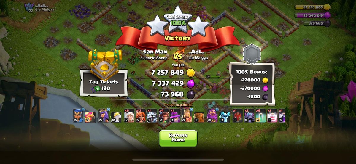 A Clash of Clans victory screen showing a three star war attack result.