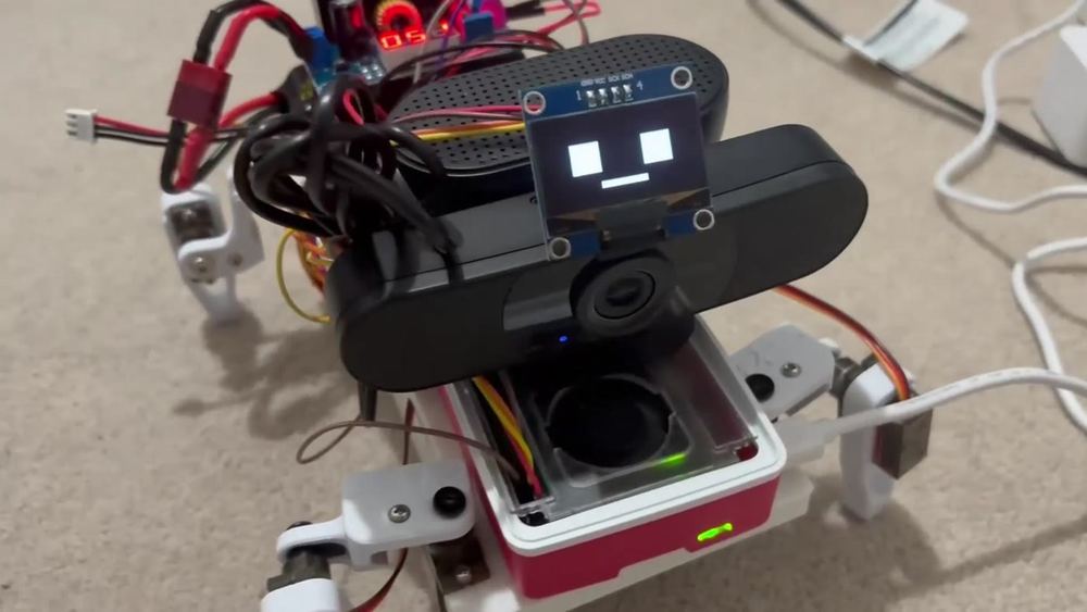 Close view of the OLED display showing two square eyes and a small mouth, mounted above the webcam.