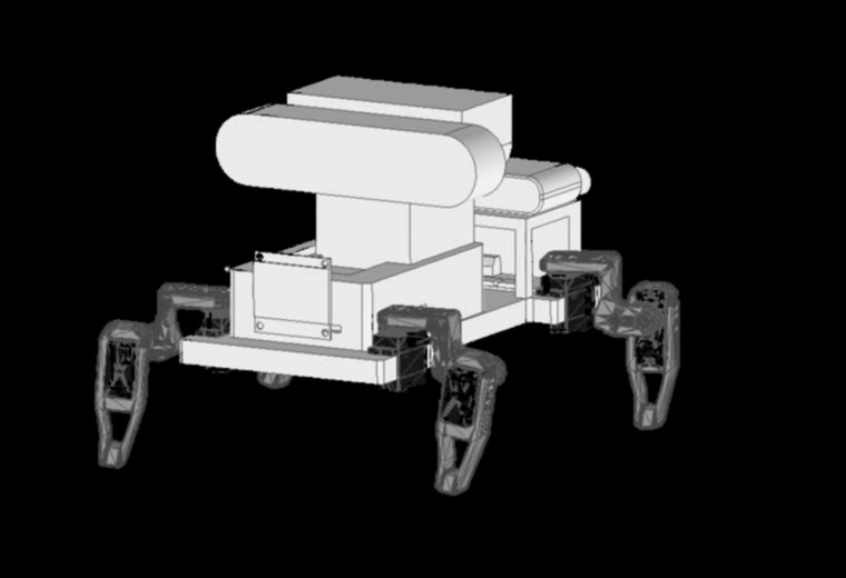 Greyscale CAD assembly of a four legged robot, its body and legs shown floating against a black background.