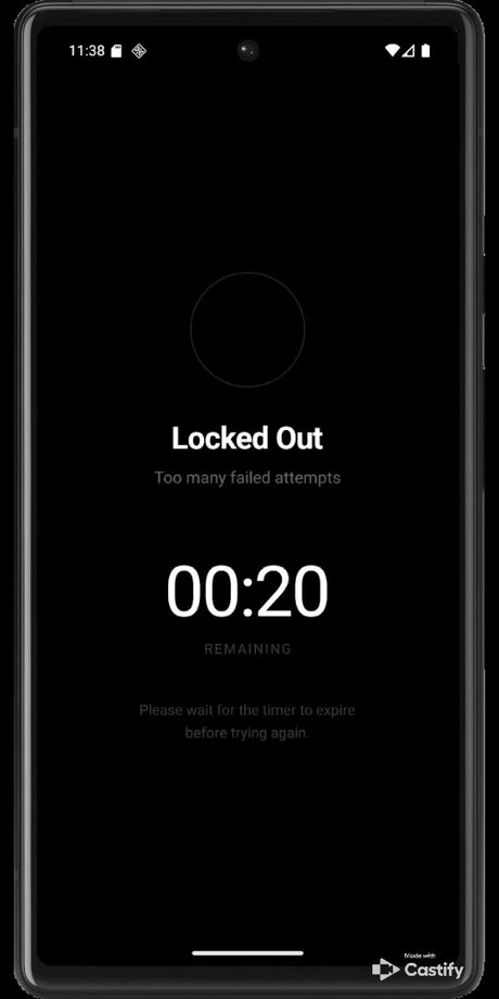 Phone app showing Locked Out, too many failed attempts, above a countdown reading twenty seconds remaining.